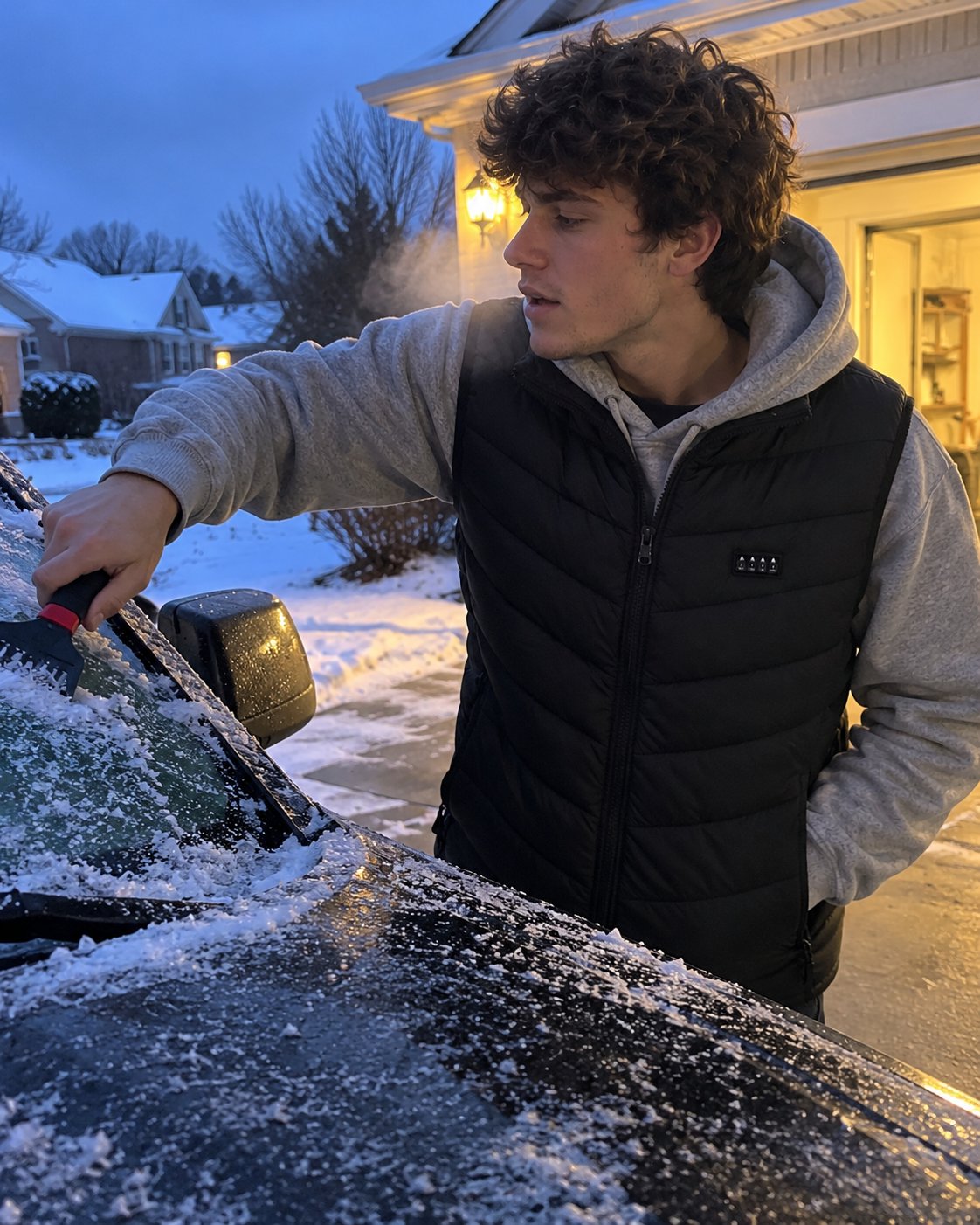 Man in the heated vest scraping ice off a windshield at dawn